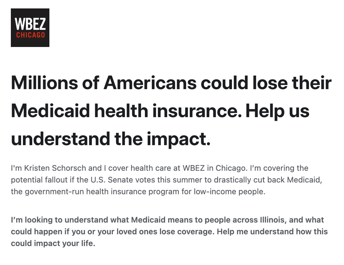 ProtectILCare's tweet image. Share your #Medicaid story. If you or a loved one could be impacted by potential cuts to Medicaid, then please reach out to journalist Kristen Schorsch from @WBEZ Chicago to share you story at the following link: airtable.com/appdUyp0SXgm3o…
#HandsOffMedicaid #ProtectOurCareIL