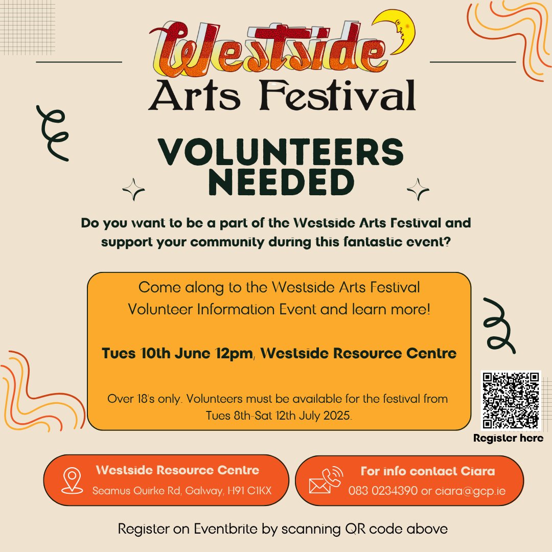 y🎏🎊 Volunteer Opportunity! 🎏🎊
🎉Would you like to volunteer at this year's Westside Arts Festival?
✅Come along to an Information Event next Tues 10th June at 12pm in Westside Resource Centre to find out more!
▶️Register for this event here: eventbrite.ie/e/westside-art…