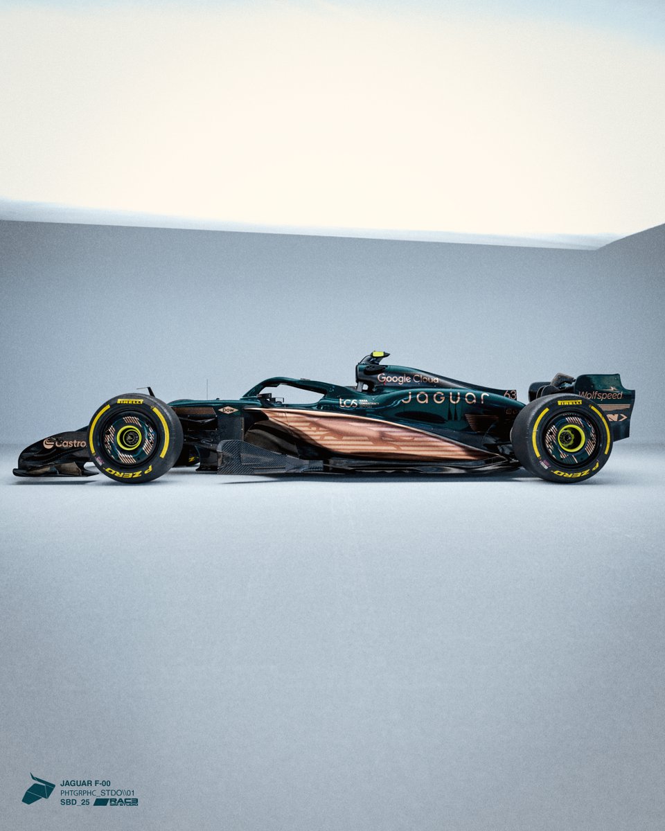 seanbulldesign's tweet photo. 2026 Jaguar F1 Livery Concept

British Racing Green and Copper

Evolving their new branding identity into a hypothetical F1 return

Render test of a full clean photo studio setup

3D model licensed by @RaceSimStudio https://t.co/1BQ2EMnuX9