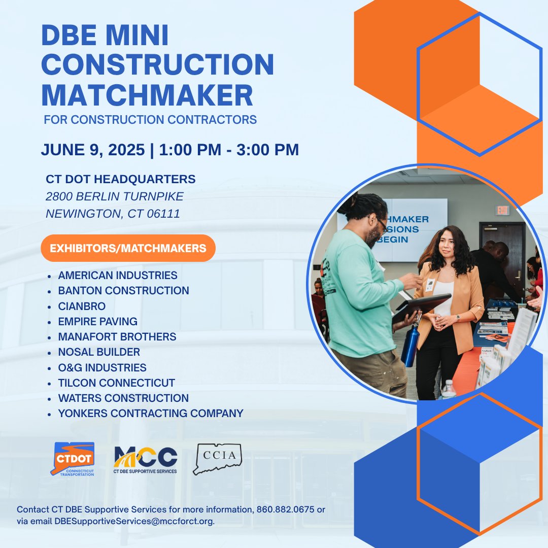 Attention DBE Construction Contractors!

You're invited to the DBE Mini Construction Matchmaker on June 9, 2025, from 1–3 PM at CT DOT Headquarters in Newington, CT.

Meet one-on-one with leading prime contractors and expand your network.