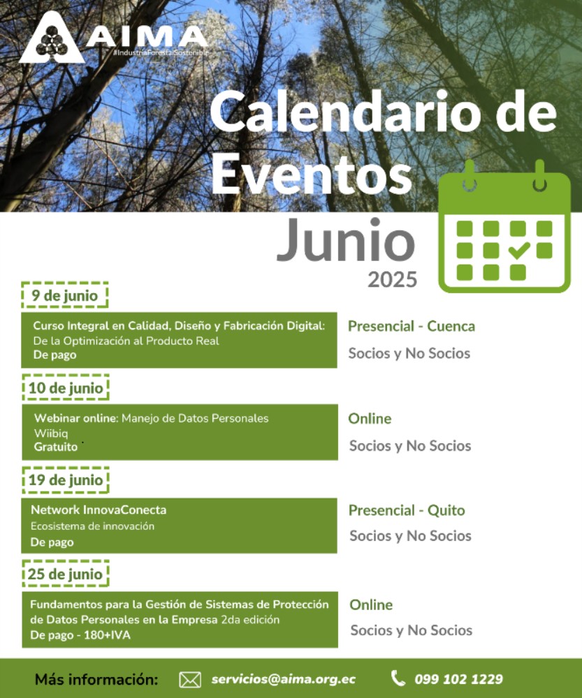 AIMA Ecuador (@aimaecuador) on Twitter photo #AgendaAIMA I 🗓️ Les presentamos la agenda de eventos de junio
📩 Más información al correo servicios@aima.org.ec o al 📞 099 102 1229 #AgendaAIMA I 🗓️ Les presentamos la agenda de eventos de junio
📩 Más información al correo servicios@aima.org.ec o al 📞 099 102 1229