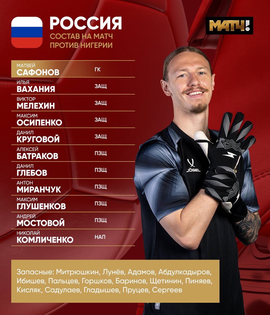 🇷🇺 Сафонов – в старте и с капитанской повязкой! Лови состав наших парней на встречу с Нигерией

Карпин сделал выбор. Проверим ребят в деле. Смотрим BetBoom матч сборной в 19:00 на Матч ТВ.