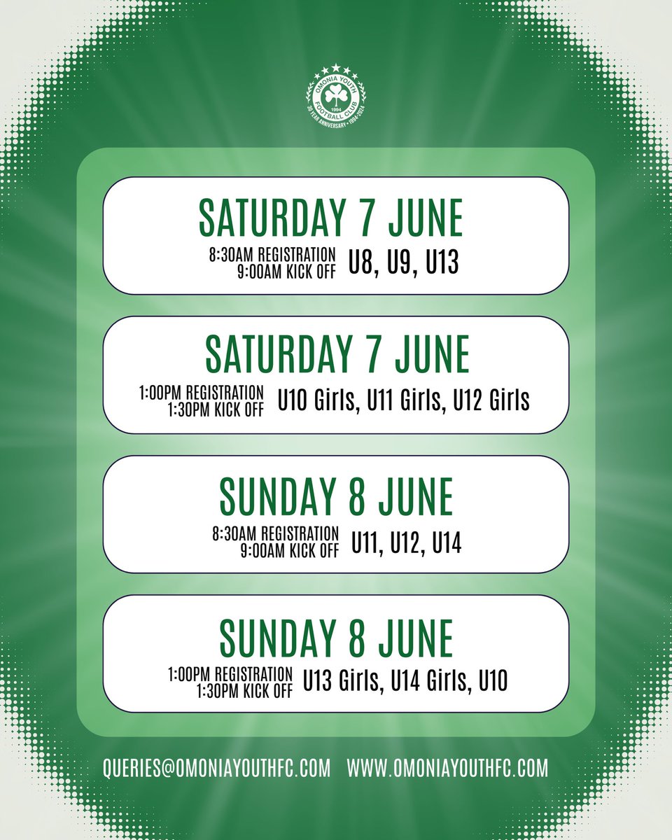 📢 REMINDER 📢 This weekend!
Omonia Youth FC 2025 Tournament ⚽
📍 Radiomarathon Centre, Enfield
📅 Sat 7 &amp; Sun 8 June
Let’s go! 💚

Details: tournify.uk/live/omonia2025

#OmoniaYouthFC #GrassrootsFootball #NorthLondonFootball #YouthFootball #CommunityClub