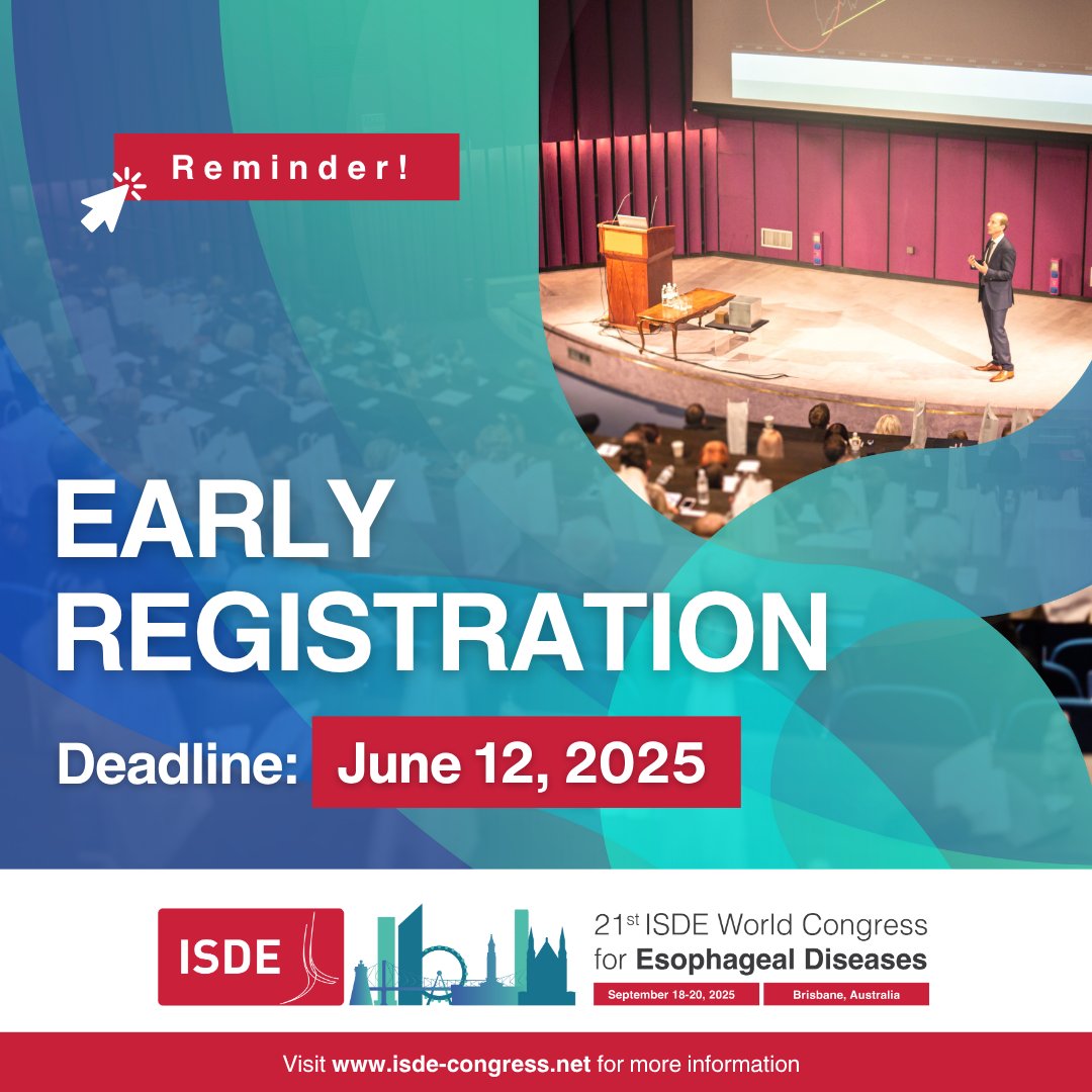 ISDE_net's tweet image. 🚨 1 Week Left!
Early bird registration for #ISDE2025 closes June 12!
Join global experts in esophageal health Sept 18–20 in Brisbane 🇦🇺
✅ Save up to $100
✅ Top hotels still available
✅ Cutting-edge science & networking
isde-congress.net/registration/
#ISDE #esophagus #esophageal