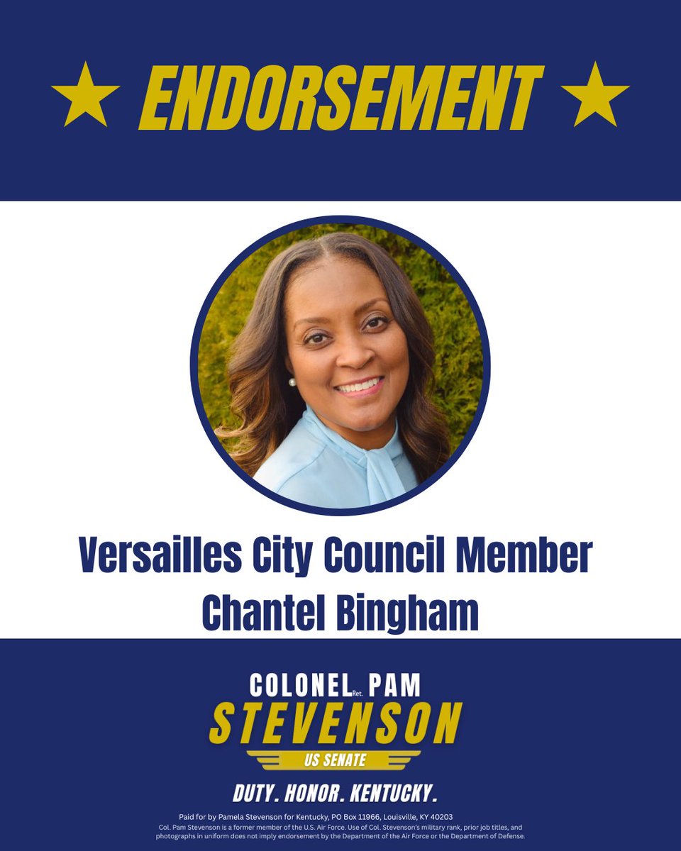 ColPamStevenson's tweet image. Thrilled to be endorsed by Chantel Bingham!
#kysen #stevensonforsenate