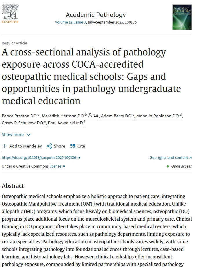 Meredith Herman, DO (@meredithkherman) on Twitter photo 🚨 New publication alert! We analyzed pathology education across all 61 U.S. osteopathic med schools and found major variability in exposure, faculty, and education in #pathology. Reform is needed.
sciencedirect.com/science/articl…
#MedEd #PathX #DOProud <a href="/AOAforDOs/">AOA</a> <a href="/UMichPath/">Michigan Pathology</a> <a href="/UPMCPath/">UPMC Pathology Residency Program</a> 🚨 New publication alert! We analyzed pathology education across all 61 U.S. osteopathic med schools and found major variability in exposure, faculty, and education in #pathology. Reform is needed.
sciencedirect.com/science/articl…
#MedEd #PathX #DOProud <a href="/AOAforDOs/">AOA</a> <a href="/UMichPath/">Michigan Pathology</a> <a href="/UPMCPath/">UPMC Pathology Residency Program</a>