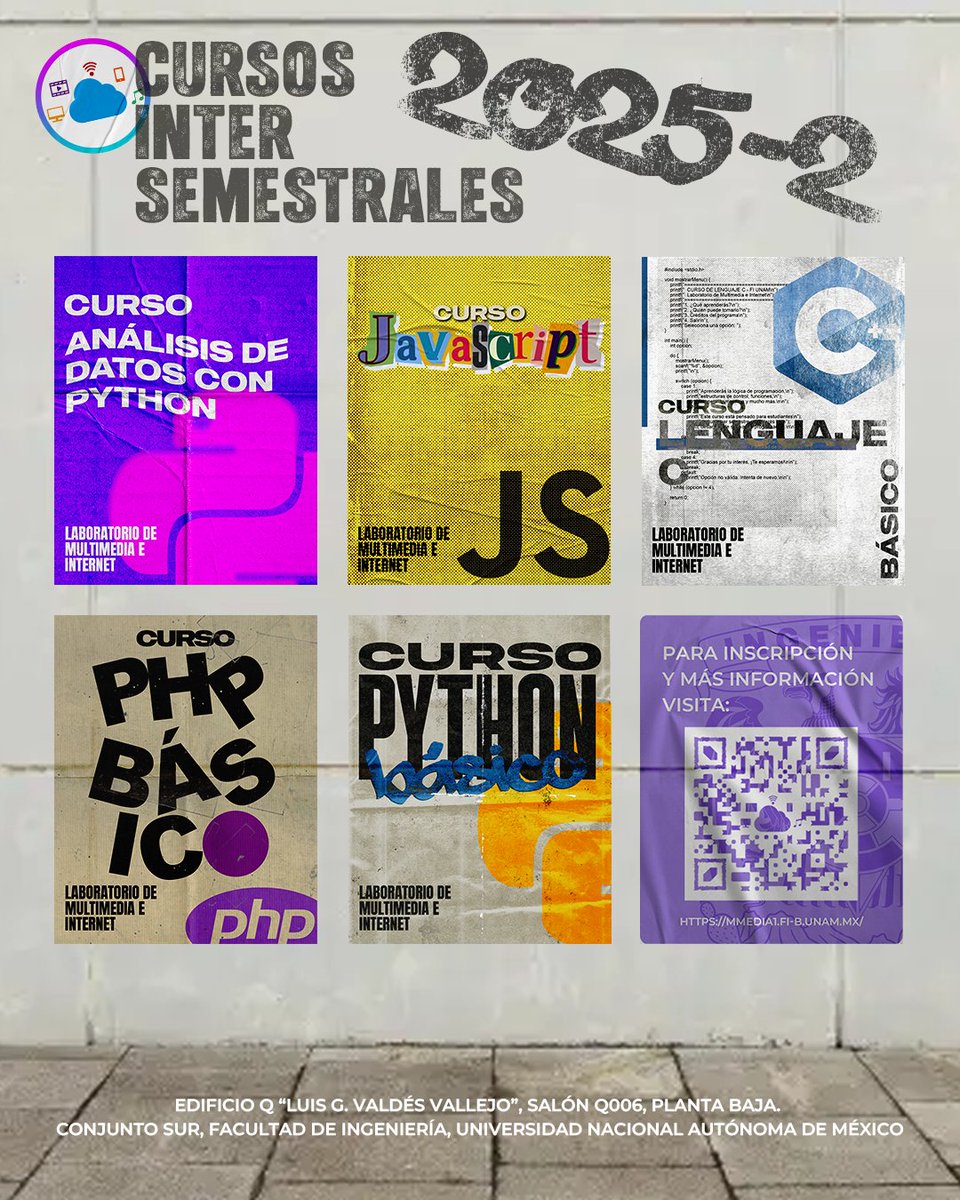 FIUNAM_MX's tweet photo. Cursos Intersemestrales 2025-2, del @MultimediaUNAM. ✨
💻🛜🧑‍💻
Análisis de datos con Python, Javascript, Lenguaje C, PHP básico y ¡mucho más!
📍Edificio Q, "Luis G. Valdés Vallejo", salón Q006, #FIUNAM.
Informes e inscripciones en:
▶️ https://t.co/nAzxWglvkE https://t.co/k6VlmtK0i6