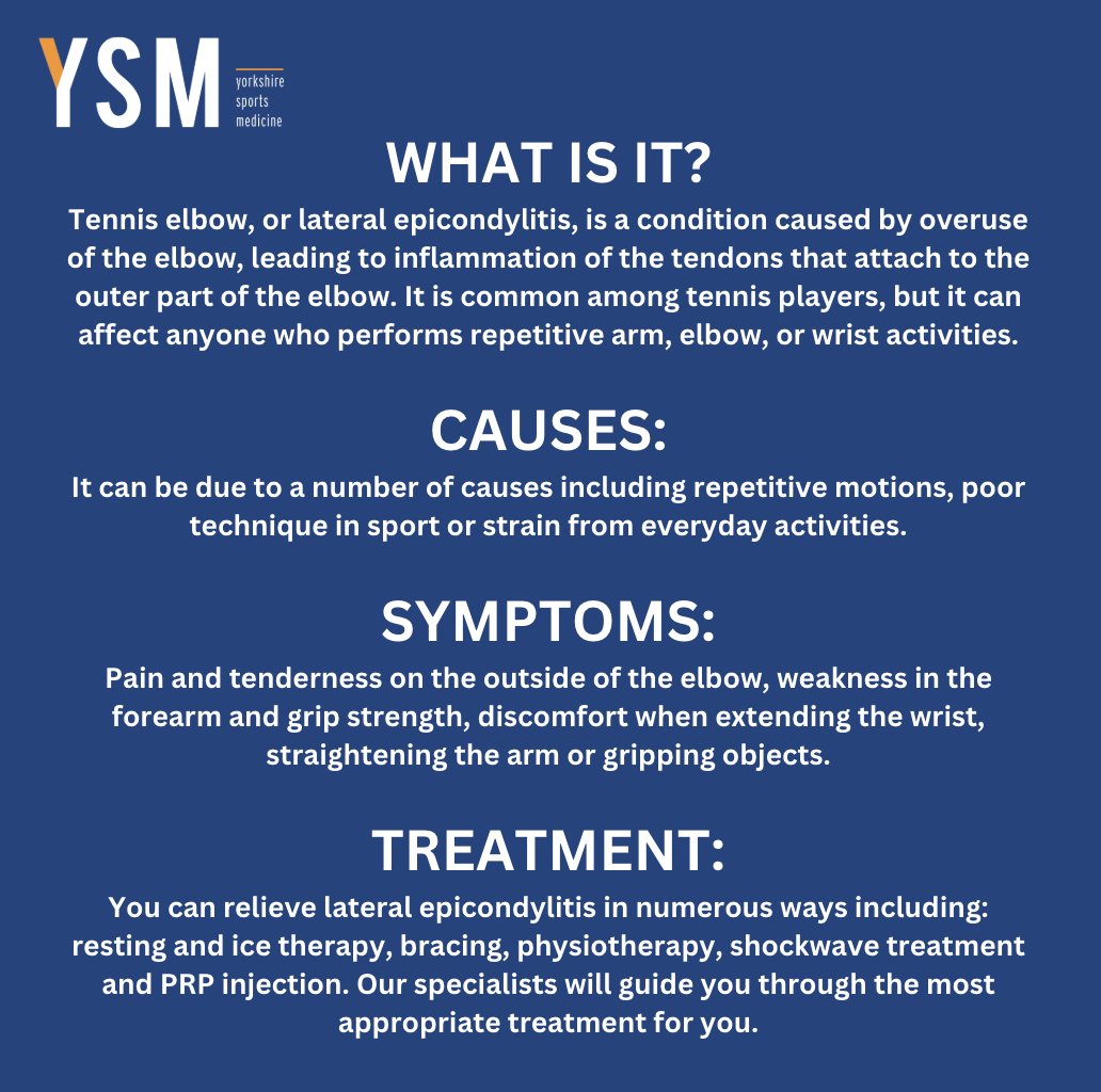 Struggling with tennis elbow? If you're experiencing pain or discomfort on the outer elbow, it could be lateral epicondylitis. At YSM, we offer targeted treatments such as physiotherapy, shockwave and PRP injections to help manage and relieve your symptoms.