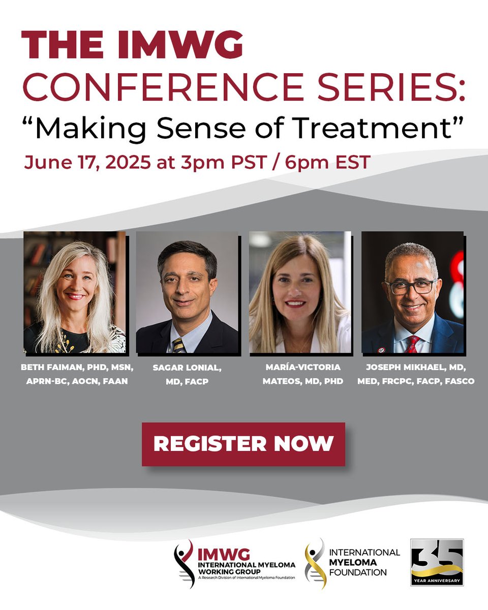 International Myeloma Foundation (@imfmyeloma) on Twitter photo Don't miss our #IMFIMWG Conference Series webinar on June 17, 2025! Tune in virtually to hear from a panel of myeloma experts on the latest drug therapy news, SMM, MRD testing, and more. Register before it's too late: mmsm.link/4jlw25n
<a href="/jmikhaelmd/">Joseph Mikhael</a>
<a href="/mvmateos/">marivi mateos</a>
<a href="/Bethfaiman/">Beth Faiman PhD</a> Don't miss our #IMFIMWG Conference Series webinar on June 17, 2025! Tune in virtually to hear from a panel of myeloma experts on the latest drug therapy news, SMM, MRD testing, and more. Register before it's too late: mmsm.link/4jlw25n
<a href="/jmikhaelmd/">Joseph Mikhael</a>
<a href="/mvmateos/">marivi mateos</a>
<a href="/Bethfaiman/">Beth Faiman PhD</a>