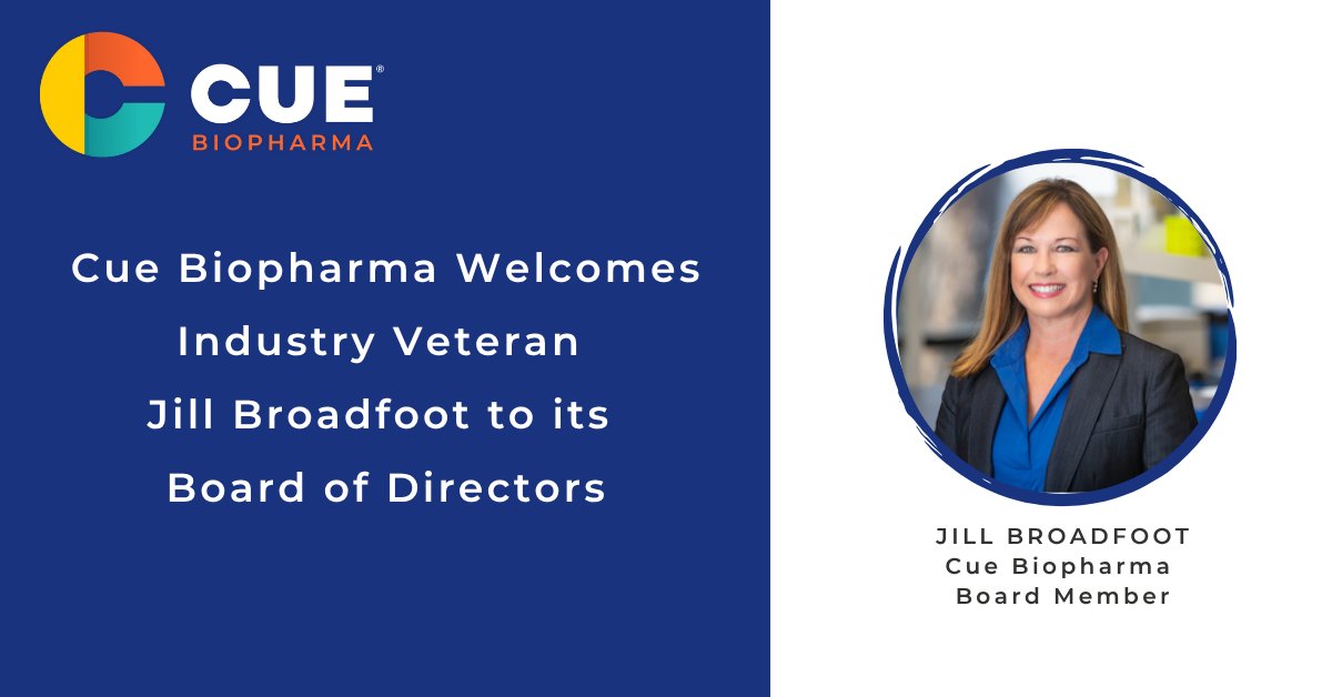 Cue Biopharma (@cuebiopharma) on Twitter photo We’re pleased to welcome Jill Broadfoot, CFO of <a href="/aTyrNews/">aTyr Pharma</a>, to our Board of Directors! Jill brings decades of #biotech leadership and strategic expertise that will be key as we advance our #autoimmune and #oncology programs. Read her bio to learn more: bit.ly/3T9RdfR We’re pleased to welcome Jill Broadfoot, CFO of <a href="/aTyrNews/">aTyr Pharma</a>, to our Board of Directors! Jill brings decades of #biotech leadership and strategic expertise that will be key as we advance our #autoimmune and #oncology programs. Read her bio to learn more: bit.ly/3T9RdfR