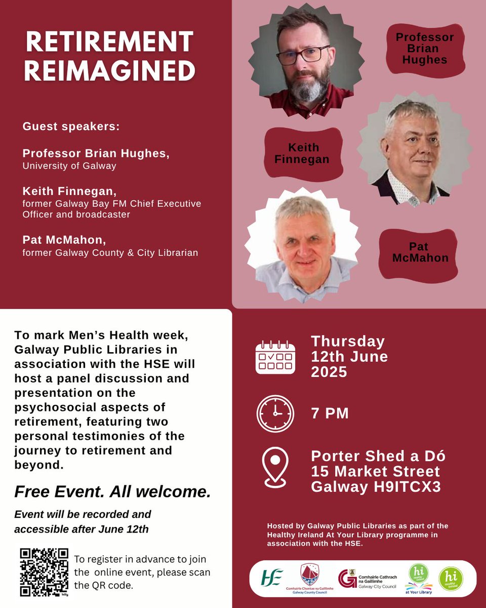 Galway Libraries (@librariesgalway) on Twitter photo “Retirement Reimagined”
🗓️Thursday 12 June @ 7pm
📍Porter Shed a Dó,
15 Market St. Galway H91 TCX3
FREE event. All welcome.
To watch from home, click to register us02web.zoom.us/meeting/regist…
#MensHealthWeek
<a href="/HSELive/">HSE Ireland</a> <a href="/GalwayCoCo/">Galway County Council</a> <a href="/GalwayCityCo/">Galway City Council</a> <a href="/HealthyIreland/">HealthyIreland</a> <a href="/portershed/">PorterShed</a> “Retirement Reimagined”
🗓️Thursday 12 June @ 7pm
📍Porter Shed a Dó,
15 Market St. Galway H91 TCX3
FREE event. All welcome.
To watch from home, click to register us02web.zoom.us/meeting/regist…
#MensHealthWeek
<a href="/HSELive/">HSE Ireland</a> <a href="/GalwayCoCo/">Galway County Council</a> <a href="/GalwayCityCo/">Galway City Council</a> <a href="/HealthyIreland/">HealthyIreland</a> <a href="/portershed/">PorterShed</a>