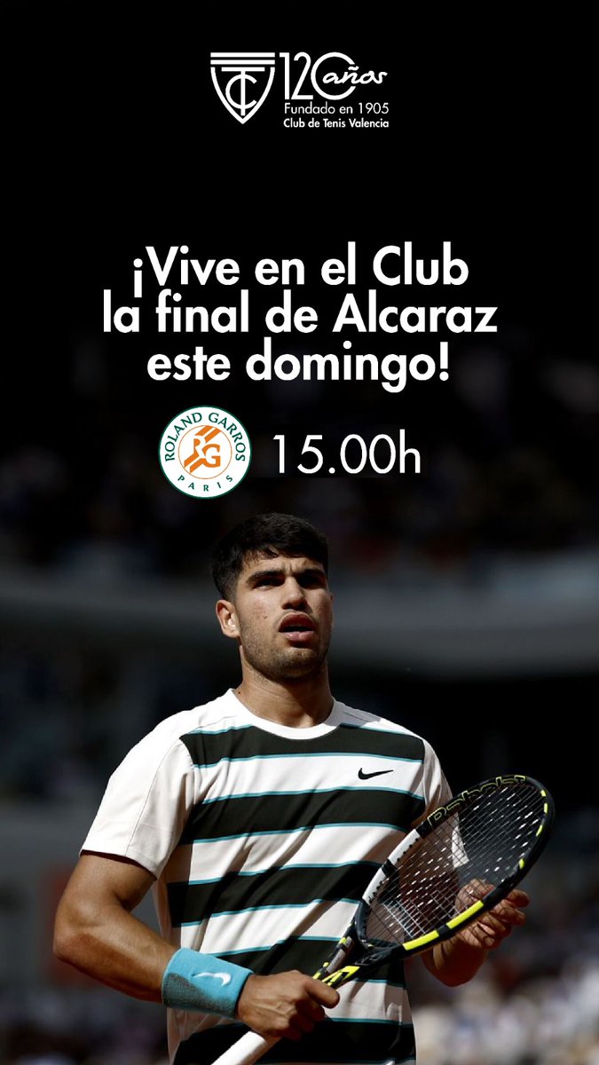 Carlos Alcaraz está en la final de Roland Garros y necesita todo nuestro apoyo. 🚀
Te invitamos a vivir la emoción de la final este domingo, a las 15:00 horas, desde la pantalla grande de nuestro Club. 📺✨ Ven a *disfrutar del ambiente, compartir la pasión por el tenis 💪🇪🇸