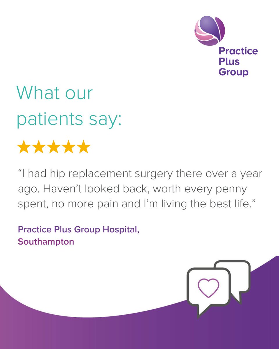 Hearing from our patients is the best part of what we do! 💬 Thank you for your kind feedback. It’s wonderful to know your hip replacement at Practice Plus Group Hospital, Southampton has allowed you to live pain-free and enjoy life fully. 🙌💜

#patienttestimonial #southampton