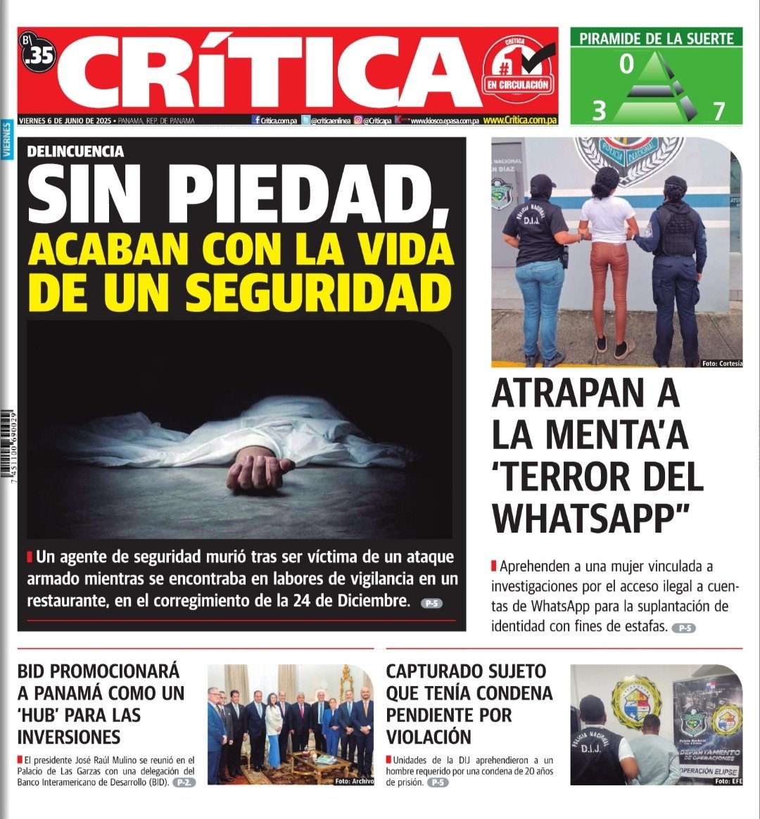 Portada de <a href="/criticaenlinea/">Diario Critica.Pa</a> de hoy 6 de junio de 2025
