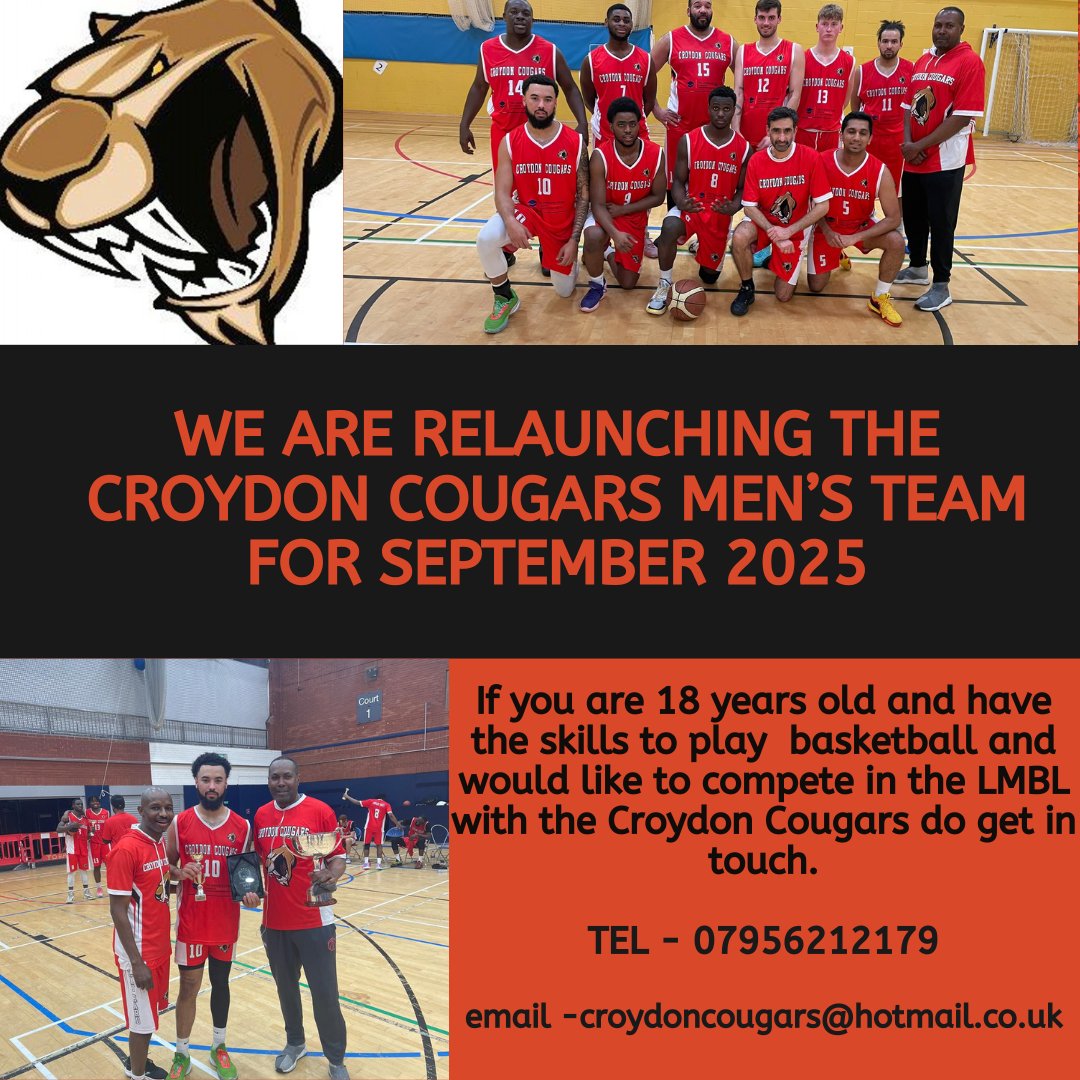 We are re-launching our Men's team for the 2025/26 season.

If you are interested in joining our program do send us an email 
Croydoncougars@hotmail.co.uk 
#gocroydoncougars