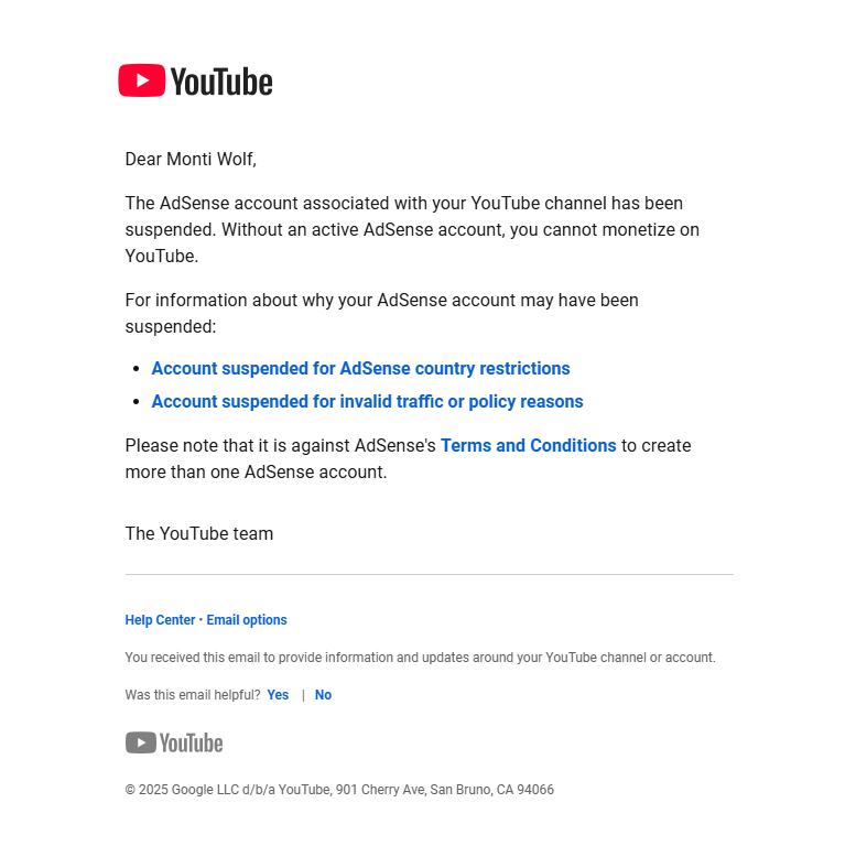 Monti 🔜 FWA (@montithewolf) on Twitter photo hey <a href="/TeamYouTube/">TeamYouTube</a> I uploaded for the first time in like a year and a half and just got this email. The adsense page it links to doesn't really say why I was suspended. Plz help hey <a href="/TeamYouTube/">TeamYouTube</a> I uploaded for the first time in like a year and a half and just got this email. The adsense page it links to doesn't really say why I was suspended. Plz help