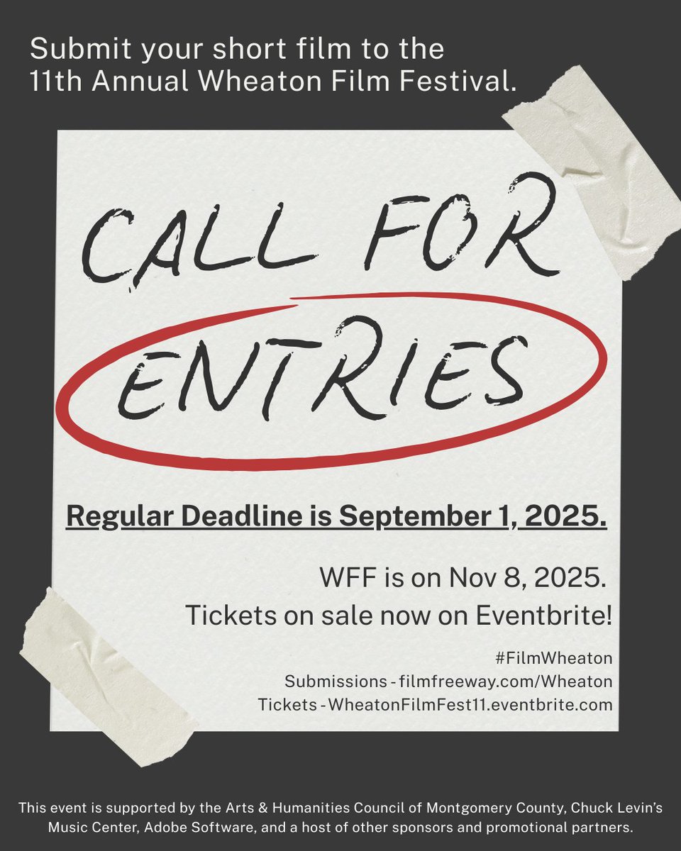 Regular Deadline for submissions is September 1, 2025! Submit on FilmFreeway at filmfreeway.com/Wheaton. The Festival happens on November 8, 2025. For tickets, use "WFF25friend" for 25% off. Visit our Eventbrite at eventbrite.com/e/123053397323…. 🎬