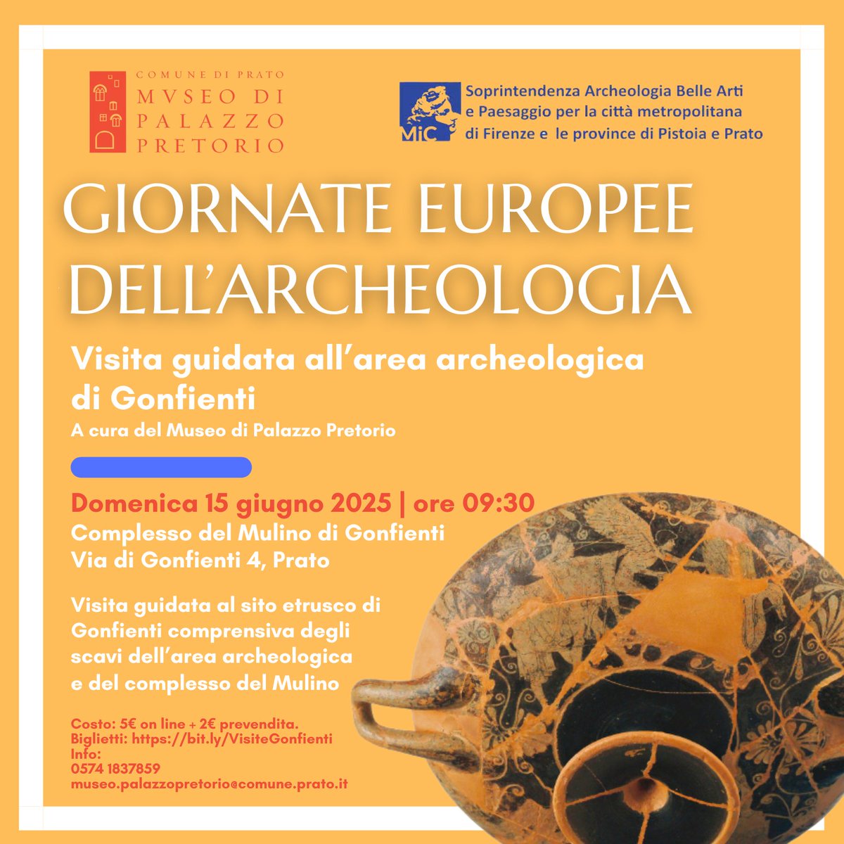 ⛏ Sabato 15 giugno in programma una visita guidata al sito etrusco di #Gonfienti
🕤 Partenza ore 9:30 
🎫 Biglietto: 5€ on line + 2€ prevendita
🔗bit.ly/VisiteGonfienti
ℹ0574 1837859 |  museo.palazzopretorio@comune.prato.it
#GiornateEuropeedellArcheologia