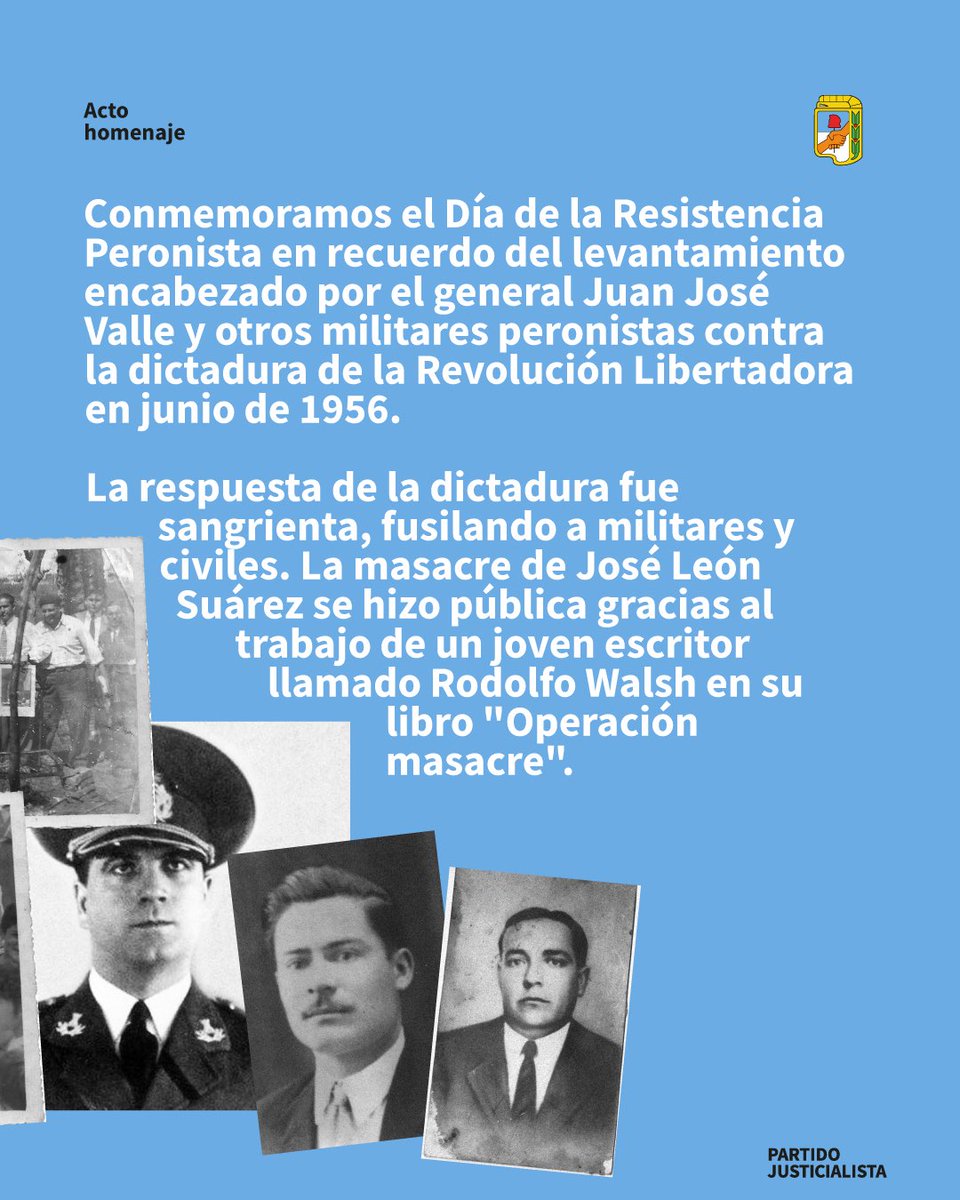NO NOS HAN VENCIDO ✌🏼

A 69 años de los fusilamientos de José León Suárez, nos encontramos en la sede del Partido para conmemorar el Día de la Resistencia Peronista. 

Nos vemos este lunes 9 de junio desde las 17 hs. en Matheu 130.