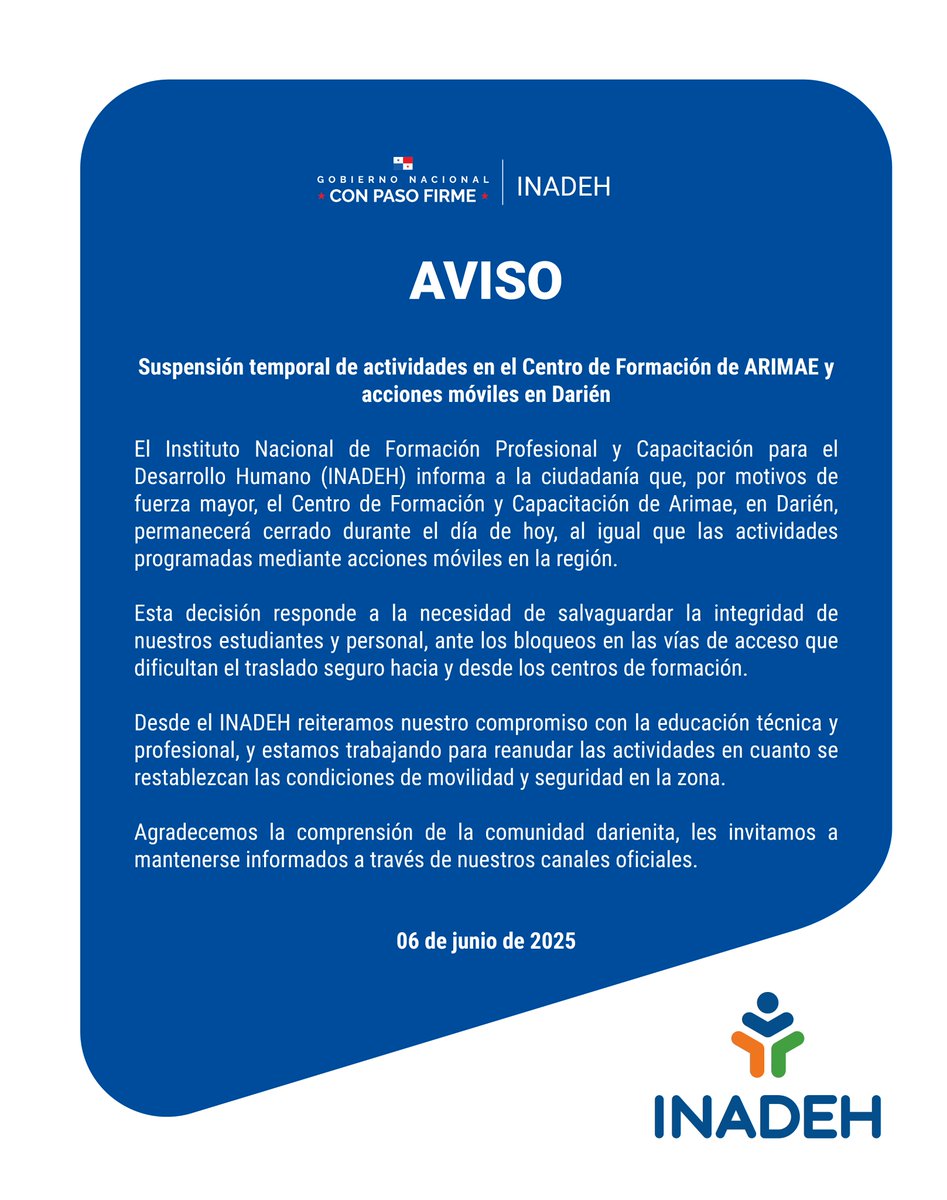Aviso para nuestros estudiantes y personal administrativo del Centro de Formación de Arimae, Darién.

#ConPasoFirme