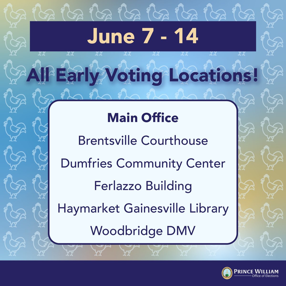 PWCVotes's tweet image. Early Voting expands tomorrow! From Saturday, June 7 through Saturday, June 14, ALL Early Voting locations will be open every day! Visit pwcvotes.org for hours and to find the location closest to you. #PWCVotes #PWCVotesEarly