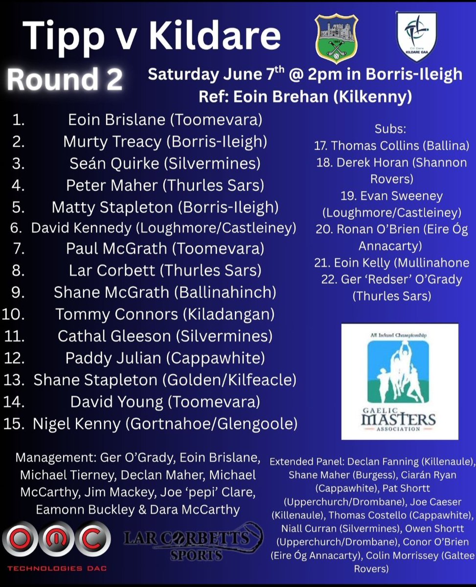 TipperaryGAAMasters (@tippgaamasters) on Twitter photo Team, subs & extended panel for tomorrows round 2 <a href="/GaelicMasters/">Gaelic Masters Association</a> clash with <a href="/kildaremasters/">@kildaremastersGAA</a> in Borris-Ileigh. Best of luck to <a href="/ORedser/">ger redser o grady</a> and players. <a href="/TipperaryGAA/">Tipperary GAA</a> <a href="/PremierviewPod/">The Premier 'View'</a> <a href="/larcorbett/">Lar Corbett sports</a> Team, subs & extended panel for tomorrows round 2 <a href="/GaelicMasters/">Gaelic Masters Association</a> clash with <a href="/kildaremasters/">@kildaremastersGAA</a> in Borris-Ileigh. Best of luck to <a href="/ORedser/">ger redser o grady</a> and players. <a href="/TipperaryGAA/">Tipperary GAA</a> <a href="/PremierviewPod/">The Premier 'View'</a> <a href="/larcorbett/">Lar Corbett sports</a>