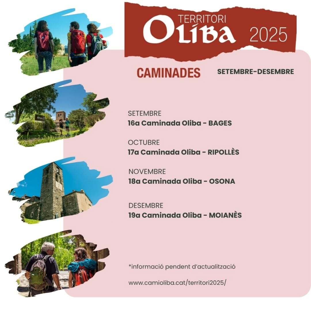 ⚜️ TERRITORI OLIBA 2025 | 5a edició
Més de 20 activitats per descobrir el patrimoni del bisbe Oliba a Osona, Bages, Ripollès i Moianès.
🎨 Activitats culturals (juny-setembre)
🥾 Caminades GR151 (setembre-desembre)
ℹ️ MÉS INFO: casesdoliba.cat/territori-2025