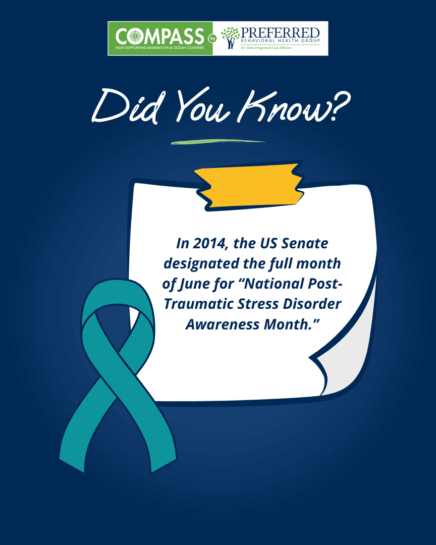June is National Post-Traumatic Stress Disorder Awareness Month. Let’s take this time to promote understanding, reduce stigma, and support those affected by PTSD. 💙 

#NJ4S #NJ4S4US #NJ4SHub #NJ4SServices #NJ4SMonmouth #PTSDAwareness #MentalHealthMatters