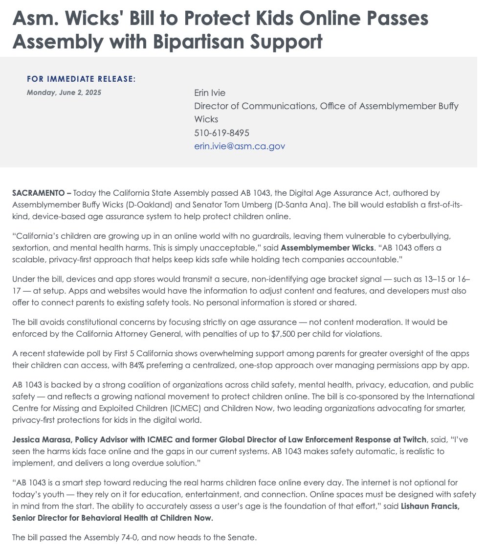 Children Now (@childrennow) on Twitter photo We are thrilled to announce AB 1043, which establishes a first-of-its-kind age assurance system to help protect kids online, passed the Assembly with unanimous support: 74-0! On to the Senate! Thank you <a href="/AsmBuffyWicks/">Assemblywoman Buffy Wicks</a> for your leadership! bit.ly/4dQRspz
#CALeg #ProKidCA We are thrilled to announce AB 1043, which establishes a first-of-its-kind age assurance system to help protect kids online, passed the Assembly with unanimous support: 74-0! On to the Senate! Thank you <a href="/AsmBuffyWicks/">Assemblywoman Buffy Wicks</a> for your leadership! bit.ly/4dQRspz
#CALeg #ProKidCA