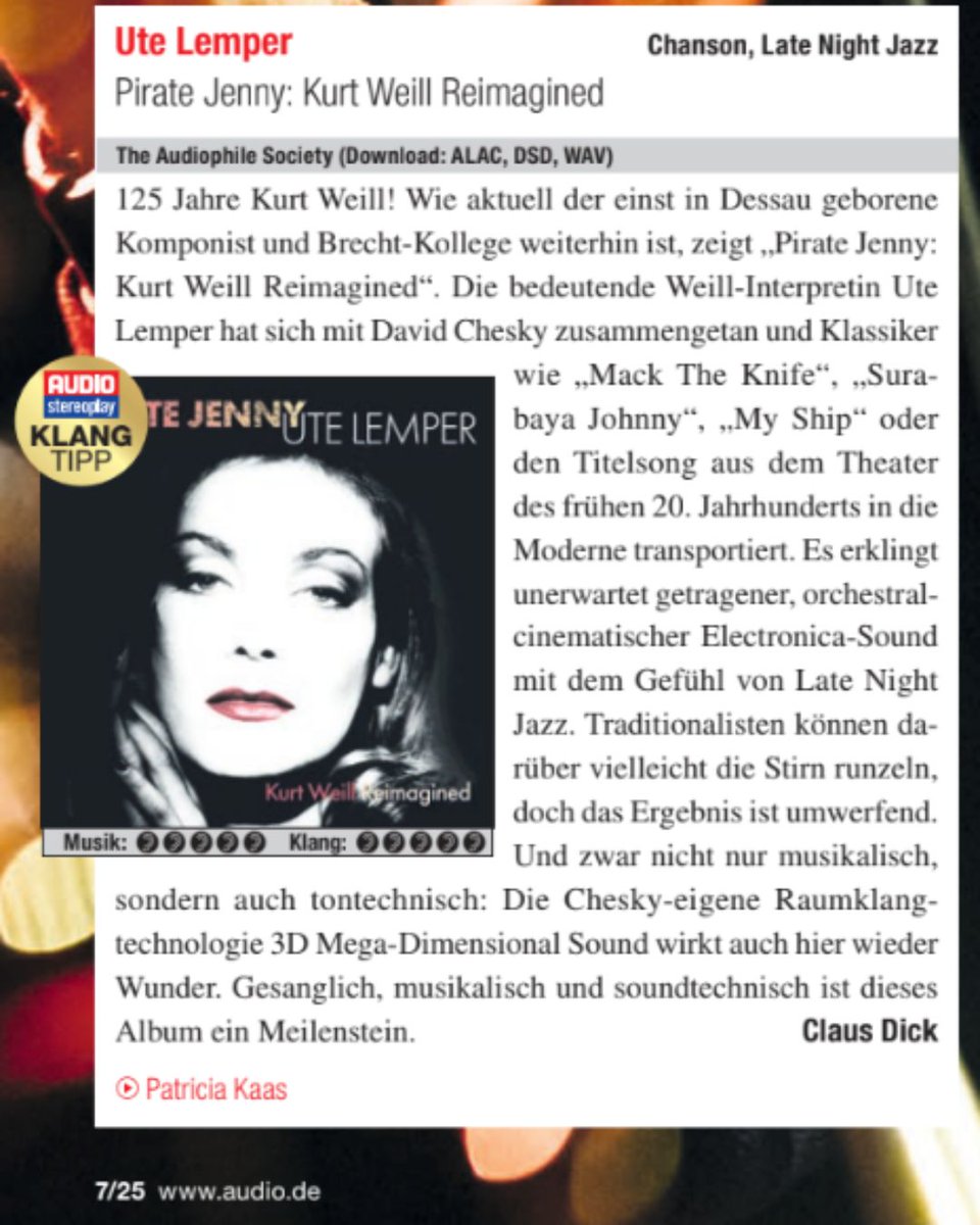 Pirate Jenny is “Pick of the month“ in the Audio Stereoplay Magazine

#UteLemper #PirateJenny #KurtWeill #Brecht #CabaretReimagined