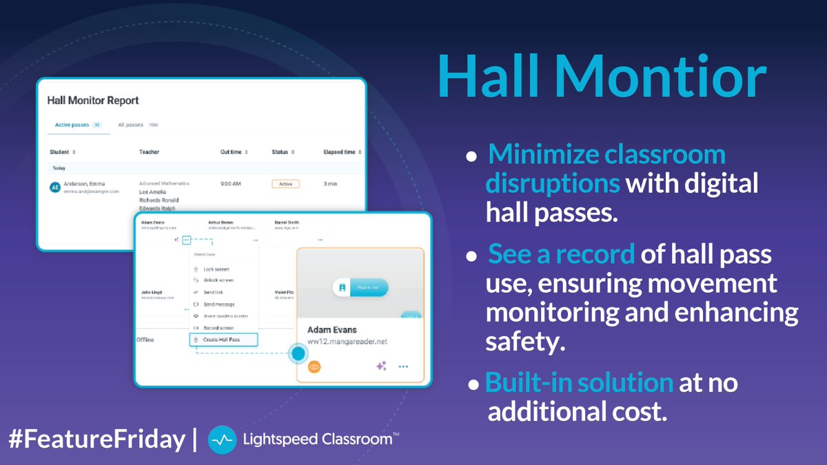 #FeatureFriday | Hall Monitor in Lightspeed Classroom streamlines hall pass management, reducing classroom disruptions and enhancing student accountability. Teachers can approve passes digitally, providing real-time visibility of student movement. 

Learn more how this feature