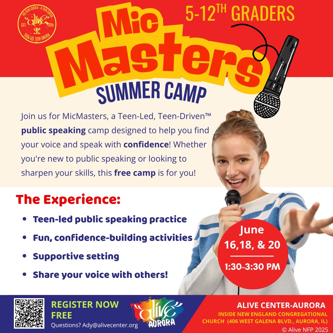 Aliveteencenter's tweet photo. ๐ค Grades 5โ12: Ready to speak up?
Join MicMastersโa FREE, teen-led public speaking camp to build your voice and confidence.
๐ Aurora, IL | ๐๏ธ June 16, 18 & 20 | โฐ 1:30โ3:30 PM
๐ Register here: https://t.co/38tUpcdTP9
#MicMasters #AliveAurora https://t.co/E29YlNsYRn