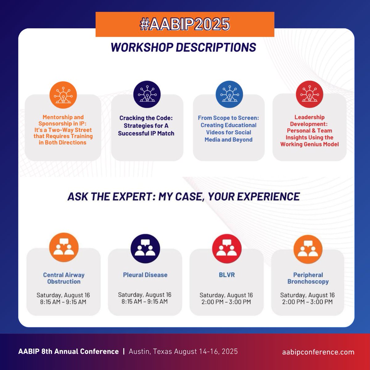 Registration is OPEN for #AABIP2025 Workshops &amp; Ask the Expert! Saddle up for interactive sessions &amp; connect with IP leaders in person. 🤠 

💡 Must be registered for #AABIP2025
✅ Submit your own case for Ask the Expert
🎟️ Seats are limited – RSVP now: aabipconference.com/aabip-2025-wor…