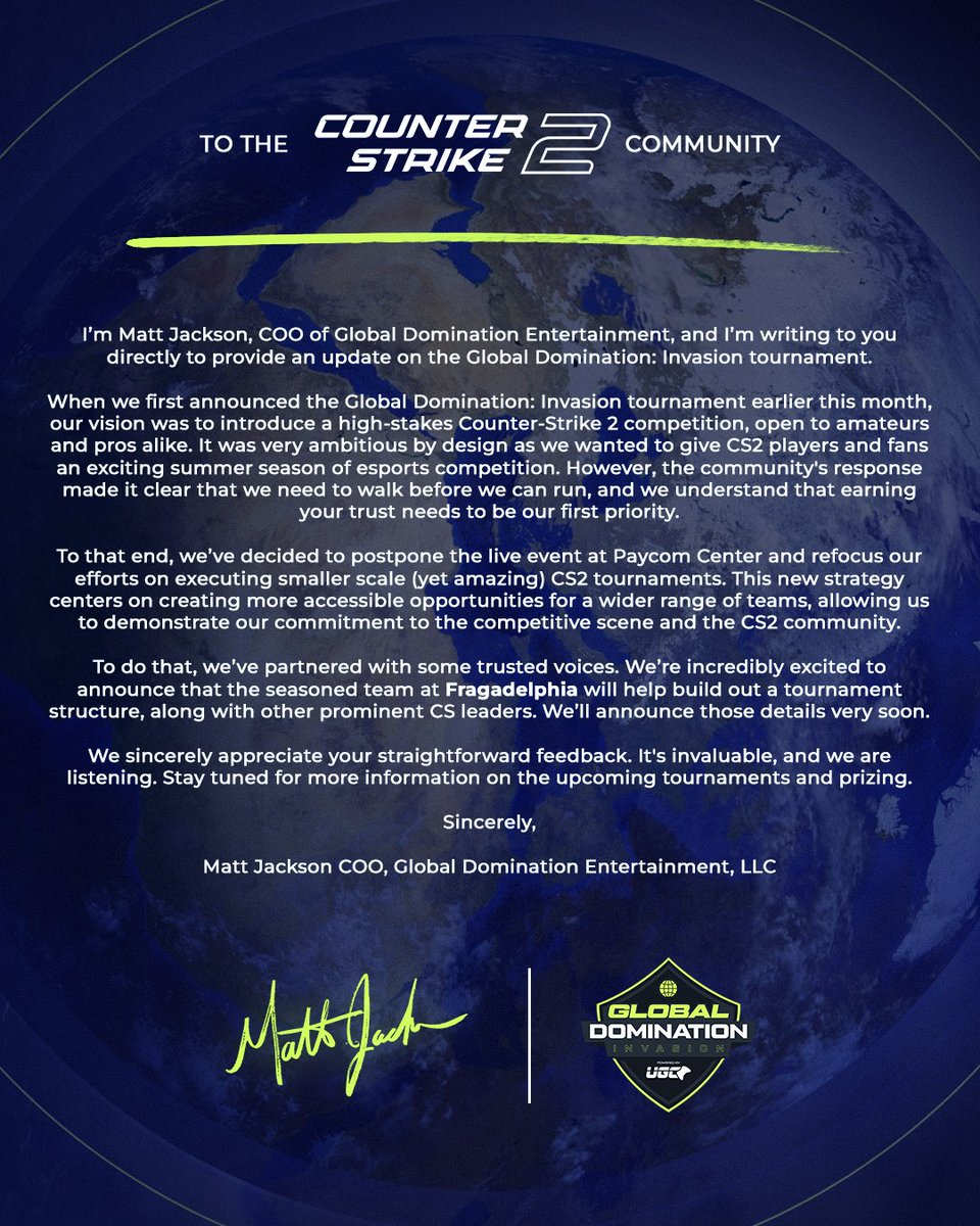 An Update from the GDI Team:

We’re listening to feedback and we’re refocusing Global Domination: Invasion by working more with the community, and with trusted voices like <a href="/fragadelphia/">Fragadelphia</a>, to build something stronger, step by step. 

For the full statement➡️gdinvasion.com