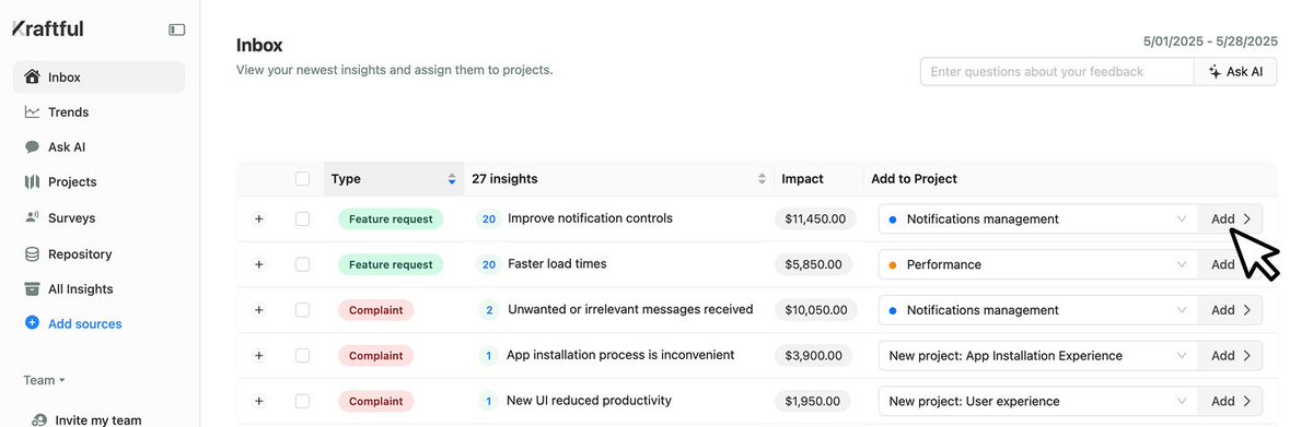 ✨ Introducing Inbox ✨

All your feedback → one AI-powered feed.

🗂️ Unified insights
🪄 Auto-suggested projects
✅ One-click triage
🔄 Daily analysis refresh 
📚 Historical insights
💰 Revenue impact at a glance