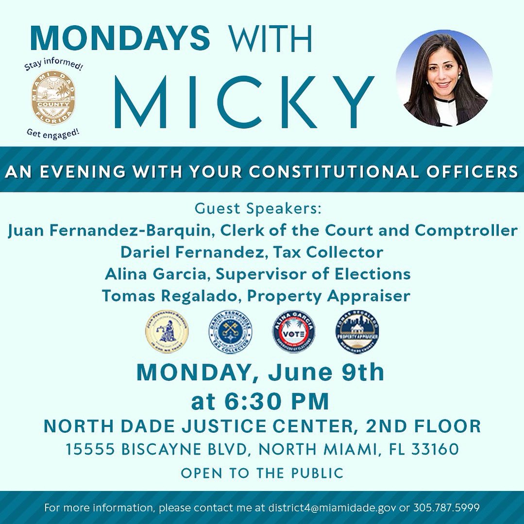 Miami-Dade Board of County Commissioners (@miamidadebcc) on Twitter photo Join Commissioner <a href="/MickySteinberg/">Micky Steinberg</a> for the upcoming #MondaysWithMicky on June 9, at 6:30 PM at the North Dade Justice Center.
Â
This is a fantastic opportunity for residents to interact directly with #OurCounty's constitutional officers and engage in meaningful discussions. Don't Join Commissioner <a href="/MickySteinberg/">Micky Steinberg</a> for the upcoming #MondaysWithMicky on June 9, at 6:30 PM at the North Dade Justice Center.
Â
This is a fantastic opportunity for residents to interact directly with #OurCounty's constitutional officers and engage in meaningful discussions. Don't