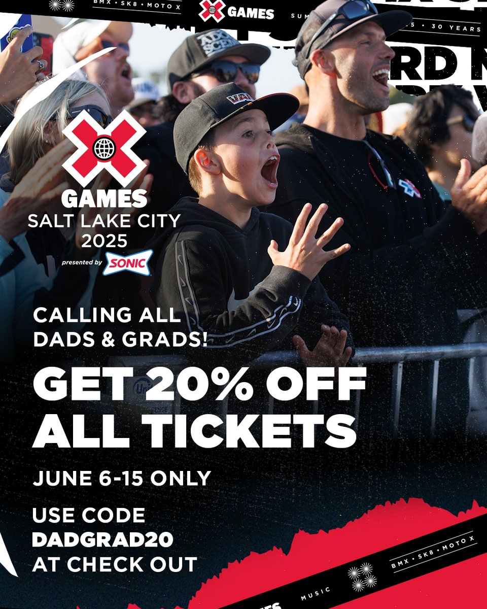 X Games (@xgames) on Twitter photo In honor of all the hard work everyone put in to get to graduation season AND a little early Father’s Day gift, we are running a sale on tickets to get YOU to #XGamesSLC 2025 presented by <a href="/sonicdrivein/">Sonic Drive-In</a>!
Get your tickets here before this offer is gone! 👉 xgam.es/SLCTickets In honor of all the hard work everyone put in to get to graduation season AND a little early Father’s Day gift, we are running a sale on tickets to get YOU to #XGamesSLC 2025 presented by <a href="/sonicdrivein/">Sonic Drive-In</a>!
Get your tickets here before this offer is gone! 👉 xgam.es/SLCTickets