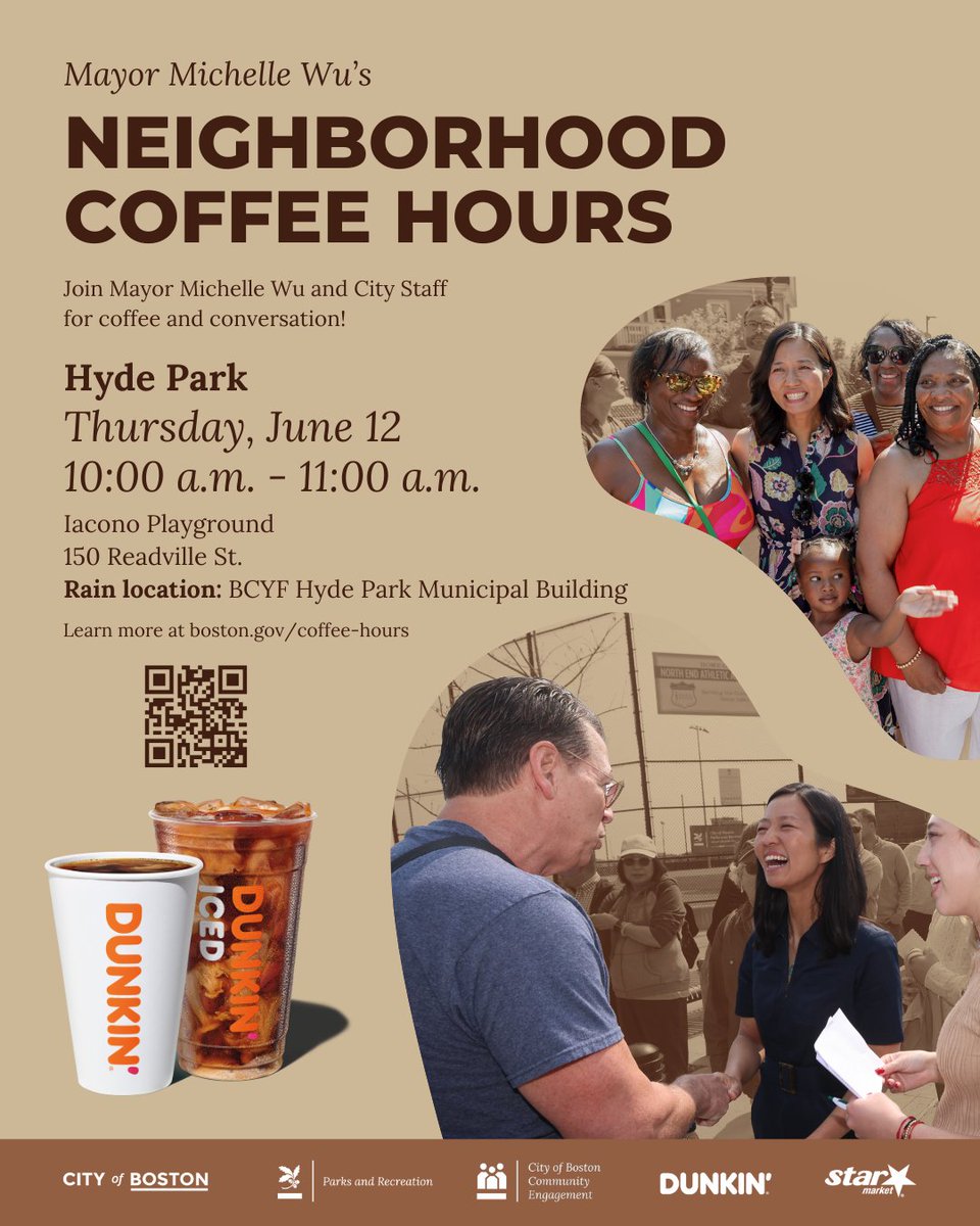 AgeStrongBos's tweet image. Hey Fenway/Kenmore and Hyde Park older residents! Mayor Wu&apos;s Coffee Hours will be held on June 11 and June 12 respectively in your neighborhoods. There will be free donuts and fruit from our sponsors Dunkin’ and Star Market. Visit boston.gov/coffee-hours to learn more.