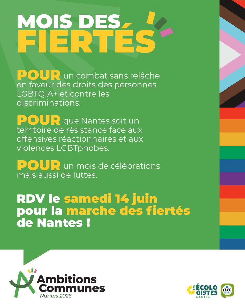 🏳️‍🌈🏳️‍⚧️ MOIS DES FIERTÉS : UN MOIS DE LUTTES &amp; DE CÉLÉBRATIONS 🌈

Célébrons et faisons de Nantes un territoire de résistance et de convergence avec toutes les personnes opprimées.  

Rendez-vous le 14 juin pour la marche des fiertés à Nantes.

#ProtectTheDolls #FreePalestine