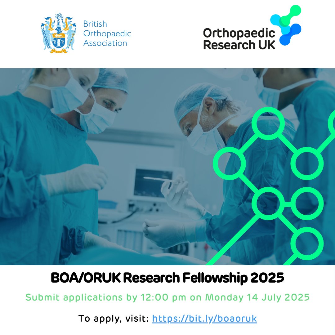 5 weeks are left to apply for the BOA/ORUK Research Fellowship 2025. The scheme with <a href="/BritOrthopaedic/">BOA</a> will award 2 fellowships of up to £65k for a project in any area of orthopaedics. 
Deadline: Monday 14 July 2025, 12pm.
Find out more: bit.ly/boaoruk