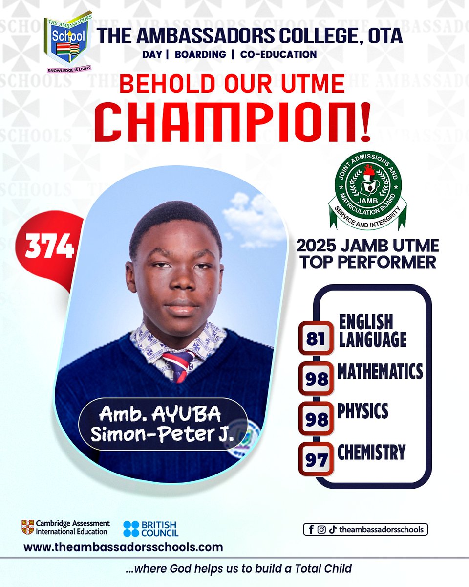 AmbassadorsOta's tweet photo. 𝗕𝗘𝗛𝗢𝗟𝗗 𝗢𝗨𝗥 2025 𝗨𝗧𝗠𝗘 𝗖𝗛𝗔𝗠𝗣𝗜𝗢𝗡🎖️

We are super glad to present Amb. Ayuba Simon-Peter John for raising the bar higher in the 2025 UTME

With an exceptional aggregate score of 374/400, Ayuba made history as our highest-scoring student ever in the JAMB UTME! https://t.co/rEdjjbI3hr