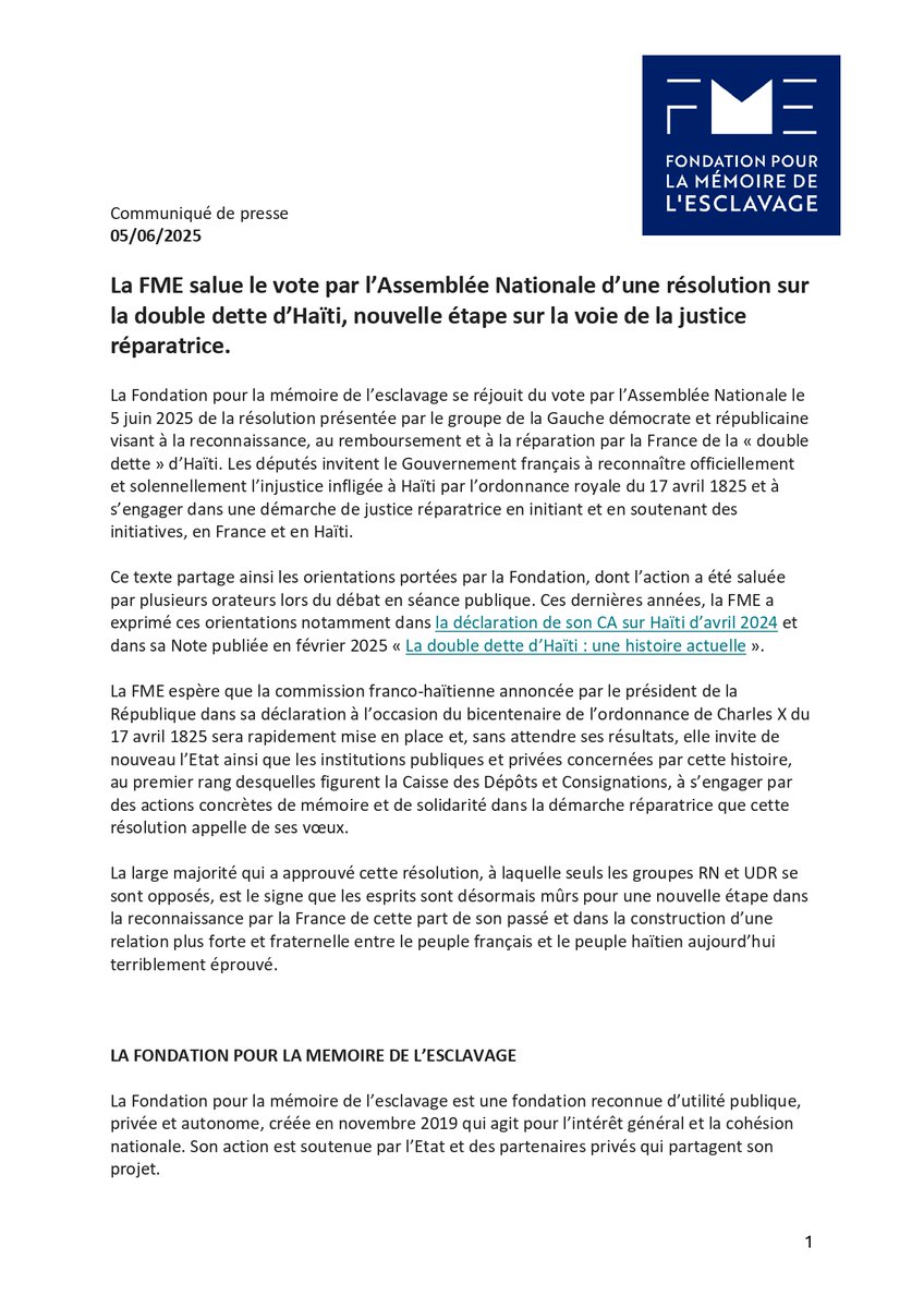 Fondation pour la mémoire de l'esclavage (@fondation_me) on Twitter photo La FME salue le vote par l' <a href="/AssembleeNat/">Assemblée nationale</a> d'une résolution sur la double dette d'Haïti, nouvelle étape sur la voie de la justice réparatrice.
Lisez le communiqué complet👇1/3 La FME salue le vote par l' <a href="/AssembleeNat/">Assemblée nationale</a> d'une résolution sur la double dette d'Haïti, nouvelle étape sur la voie de la justice réparatrice.
Lisez le communiqué complet👇1/3