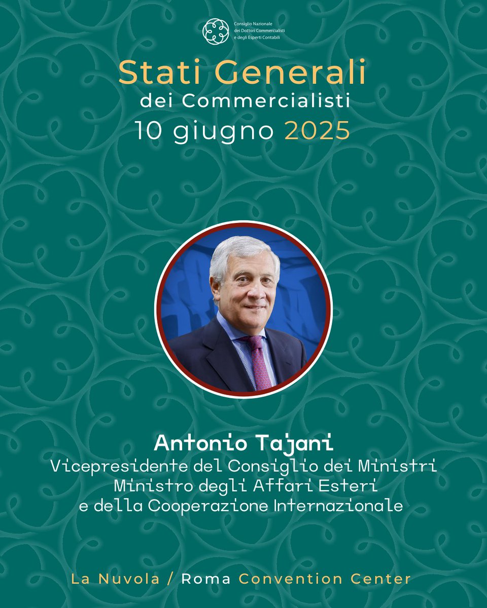 Stati Generali dei Commercialisti 2025, organizzati da <a href="/CndcecConsiglio/">Consiglio nazionale commercialisti</a> presieduto da <a href="/elbano_de/">Elbano de Nuccio</a> Nuccio, si svolgeranno il 10 giugno a Roma, dalle ore 10.00, alla Nuvola di Fuksas. Interverrà <a href="/Antonio_Tajani/">Antonio Tajani</a>, Vicepresidente del Consiglio dei Ministri e Ministro <a href="/ItalyMFA/">Farnesina 🇮🇹</a>