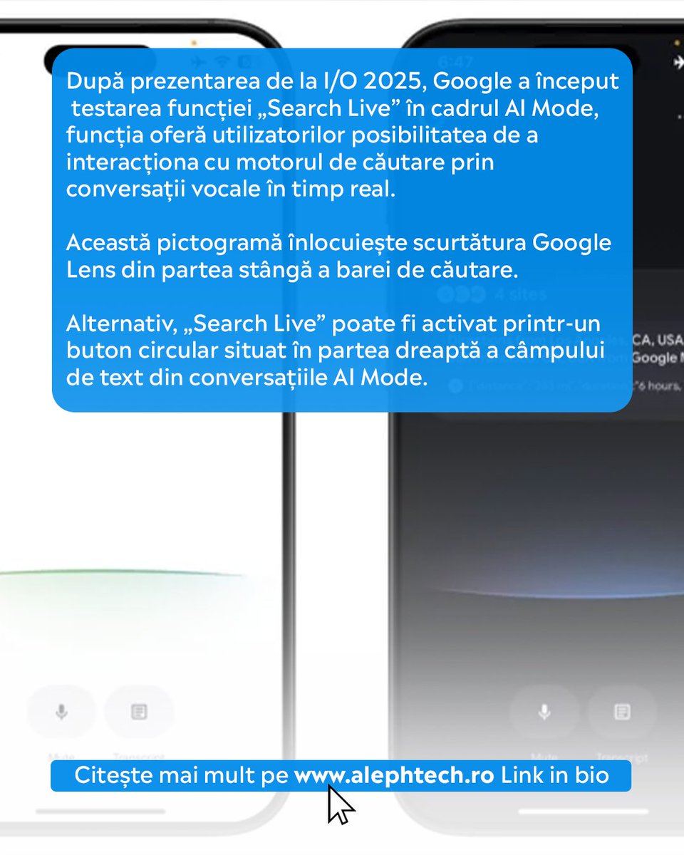AlephTechNews's tweet image. „Search Live” poate fi activat printr-un buton  în partea dreaptă a câmpului de text din conversațiile AI Mode. 

Citește mai multe pe alephtech.ro

#google #search #ioevent #googlelens #ai