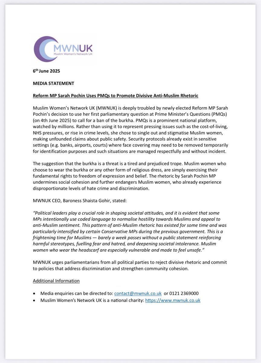 We are troubled by Reform MP Sarah Pochin’s decision to use her first parliamentary question to target &amp; stigmatise Muslim women and make unfounded public safety claims about the burkha - our media statement  
mwnuk.co.uk/mediaStatmentD…