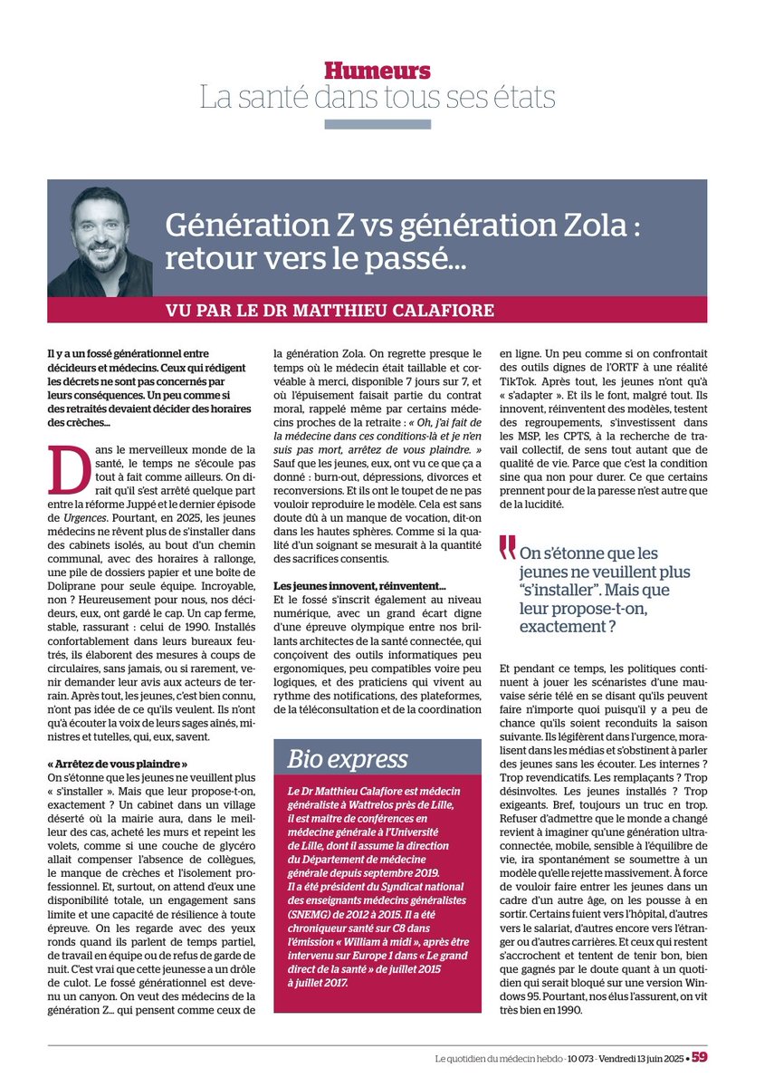 Gérer les jeunes générations de médecins en claquant les recettes du passé... Voilà comment est pensée la médecine générale actuellement...
"Génération Z vs génération Zola : retour vers le passé..."
Billet d'humeur à paraître vendredi 13, dans <a href="/leQdM/">Le Quotidien du Médecin</a>