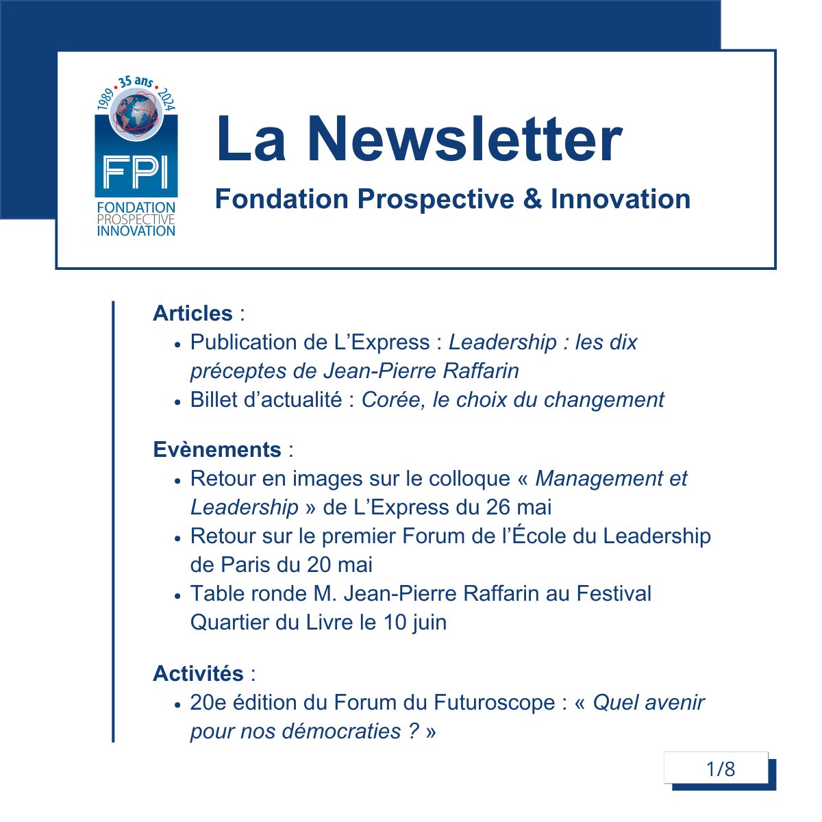 Fondation Prospective & Innovation (@fondationfpi) on Twitter photo ➡️ Découvrez la Newsletter de la <a href="/FondationFPI/">Fondation Prospective & Innovation</a> du vendredi 6 juin 2025 : urls.fr/r4zyUF
📷 Pour retrouver nos publications et suivre notre programmation : urls.fr/BMpM0F
<a href="/jpraffarin/">Jean-Pierre Raffarin</a> <a href="/jf_cope/">Jean-François Copé</a> <a href="/EmmanuellePeres/">Emmanuelle PERES</a> <a href="/ESCP_bs/">ESCP Business School</a> <a href="/LEXPRESS/">L'Express</a> <a href="/Mairie5Paris/">Mairie du 5e</a> ➡️ Découvrez la Newsletter de la <a href="/FondationFPI/">Fondation Prospective & Innovation</a> du vendredi 6 juin 2025 : urls.fr/r4zyUF
📷 Pour retrouver nos publications et suivre notre programmation : urls.fr/BMpM0F
<a href="/jpraffarin/">Jean-Pierre Raffarin</a> <a href="/jf_cope/">Jean-François Copé</a> <a href="/EmmanuellePeres/">Emmanuelle PERES</a> <a href="/ESCP_bs/">ESCP Business School</a> <a href="/LEXPRESS/">L'Express</a> <a href="/Mairie5Paris/">Mairie du 5e</a>