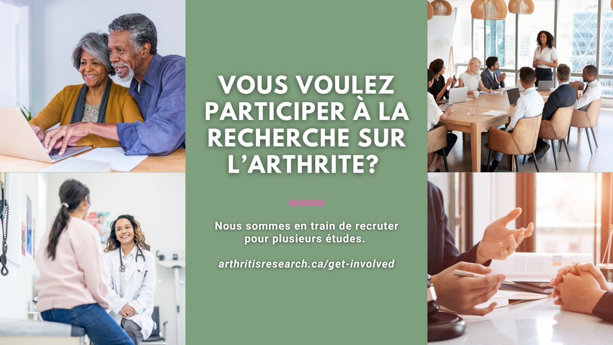 Arthritis Research Canada (@arthritis_arc) on Twitter photo Vous vivez avec #l’arthrite? Vous voulez participer à la recherche sur l’arthrite? Nous sommes en train de recruter pour plusieurs études. Pour en savoir plus :
ow.ly/hRAi50VLE0T <a href="/jwhittak_physio/">Dr. Jackie Whittaker</a> <a href="/soarknee/">SOAR Knee</a> <a href="/aavina100/">aavina</a> <a href="/DCLab_RI_MUHC/">Da Costa Lab</a> <a href="/chroniceileen/">Eileen Davidson - Rheumatoid Arthritis Advocate</a> Vous vivez avec #l’arthrite? Vous voulez participer à la recherche sur l’arthrite? Nous sommes en train de recruter pour plusieurs études. Pour en savoir plus :
ow.ly/hRAi50VLE0T <a href="/jwhittak_physio/">Dr. Jackie Whittaker</a> <a href="/soarknee/">SOAR Knee</a> <a href="/aavina100/">aavina</a> <a href="/DCLab_RI_MUHC/">Da Costa Lab</a> <a href="/chroniceileen/">Eileen Davidson - Rheumatoid Arthritis Advocate</a>