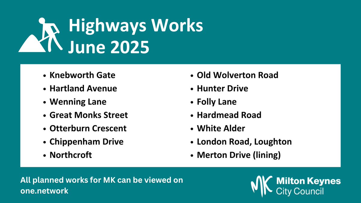Pothole repairs coming up...
We'll be working at these locations from next week repairing potholes and other defects.
To report a pothole to us, visit our website (Report It) or to view all works for MK, go to One.Network
<a href="/tvp_mk/">TVP Milton Keynes</a> <a href="/bucksfirerescue/">Buckinghamshire Fire & Rescue Service</a> <a href="/SCAS999/">South Central Ambulance Service</a>