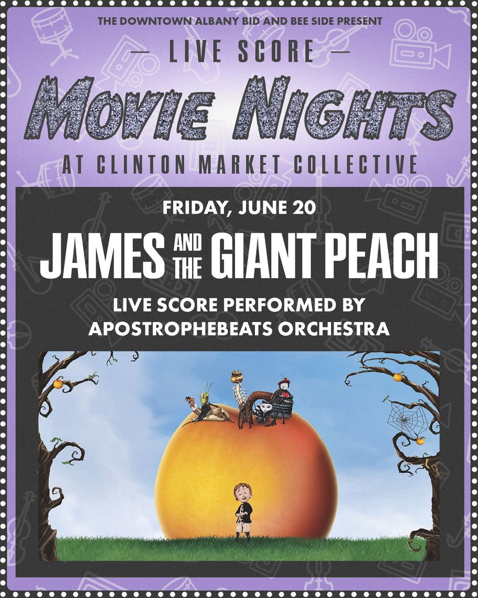 🍑🎬 James and the Giant Peach (1996)A like you’ve never experienced it!

Join us Fri, June 20 at Clinton Market Collective for a Live Score Movie Night featuring Apostrophebeats Orchestra! 🎶

🕢 7:30 PM music/games
🎥 Movie ~8

Learn more: bit.ly/3ZgQ4Xo